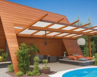 May include: A wooden pergola with a white fabric roof covers a patio with lounge chairs and a swimming pool. The pergola is attached to a wooden building with a modern design.