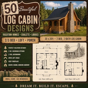 2/3 Bed Small Log Cabin with Loft Porch Floorplan Plans Vacation Chalet Lodge Home Build Furnish PDF Lodge Rancher Homestead Tiny House