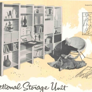May include: A white sectional storage unit with shelves, drawers, and a pull-down desk. The unit is filled with books, vases, and other decorative items. A woman is sitting in a chair in front of the unit, reading a book. The text "Sectional Storage Unit" is written in cursive at the bottom of the image.