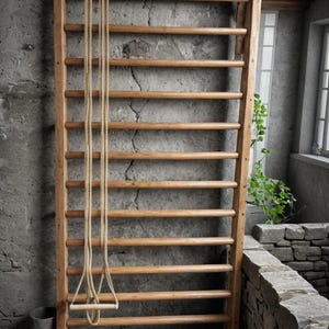 Puede incluir: Espaldera de madera montada en la pared con múltiples barras horizontales. Una cuerda con un asa de madera cuelga de la parte superior. Las barras están contra una pared gris texturizada, con una pequeña alfombra en el suelo.