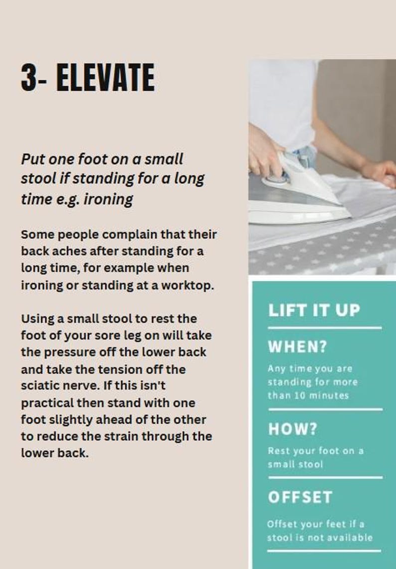 May include: Image with text: "3- ELEVATE" and advice on reducing back pain while standing, suggesting a small stool or offsetting feet. A person is ironing in the background. A teal box provides additional tips on the topic.