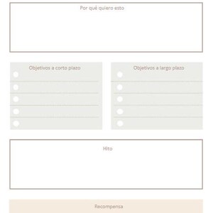 May include: A fitness goals planner with sections for "Por qué quiero esto", short-term and long-term goals, a milestone, and a reward. The title "OBJETIVOS DE FITNESS" is at the top. The planner is in neutral tones.