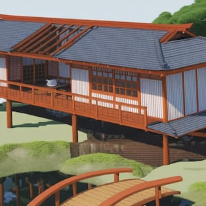 以下が含まれることがあります： 木製のデッキと橋がつながった伝統的な日本家屋。家は高床式で、灰色の瓦屋根。家は緑の葉と小さな池に囲まれている。