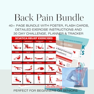 May include: A bundle for back pain relief, including a poster, flash cards, detailed exercise instructions, a 30-day challenge, and a planner. The bundle features exercises for sciatica relief and fitness goals. Text on the image reads: "Back Pain Bundle".