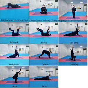 May include: A sequence of images illustrating different exercises, such as diaphragmatic breathing (lying, sitting, standing), body rock, rolling, side lying, oblique site, tripod, kneeling, squat, and prone. Each exercise is shown on a mat.