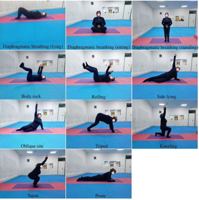 May include: A sequence of images illustrating different exercises, such as diaphragmatic breathing (lying, sitting, standing), body rock, rolling, side lying, oblique site, tripod, kneeling, squat, and prone. Each exercise is shown on a mat.