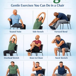 Könnte beinhalten: Ein Poster mit dem Titel "Stuhlyoga" mit Bildern, die sanfte Übungen demonstrieren. Die Übungen umfassen Seated Twist, Side Stretch, Forward Bend, Overhead Stretch, Knee to Chest, Neck Stretch, Shoulder Shrug, Eagle Arms und Inner Thigh Stretch. Text: Verbessern Sie die Flexibilität, reduzieren Sie Stress, fühlen Sie sich besser!