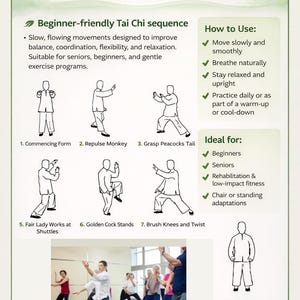 Póster de ejercicios fáciles de Tai Chi para personas mayores, con caminatas, terapia de arte marcial chino, tabla de ejercicios de autodesafío de 30 días para el hogar, PDF imagen 2