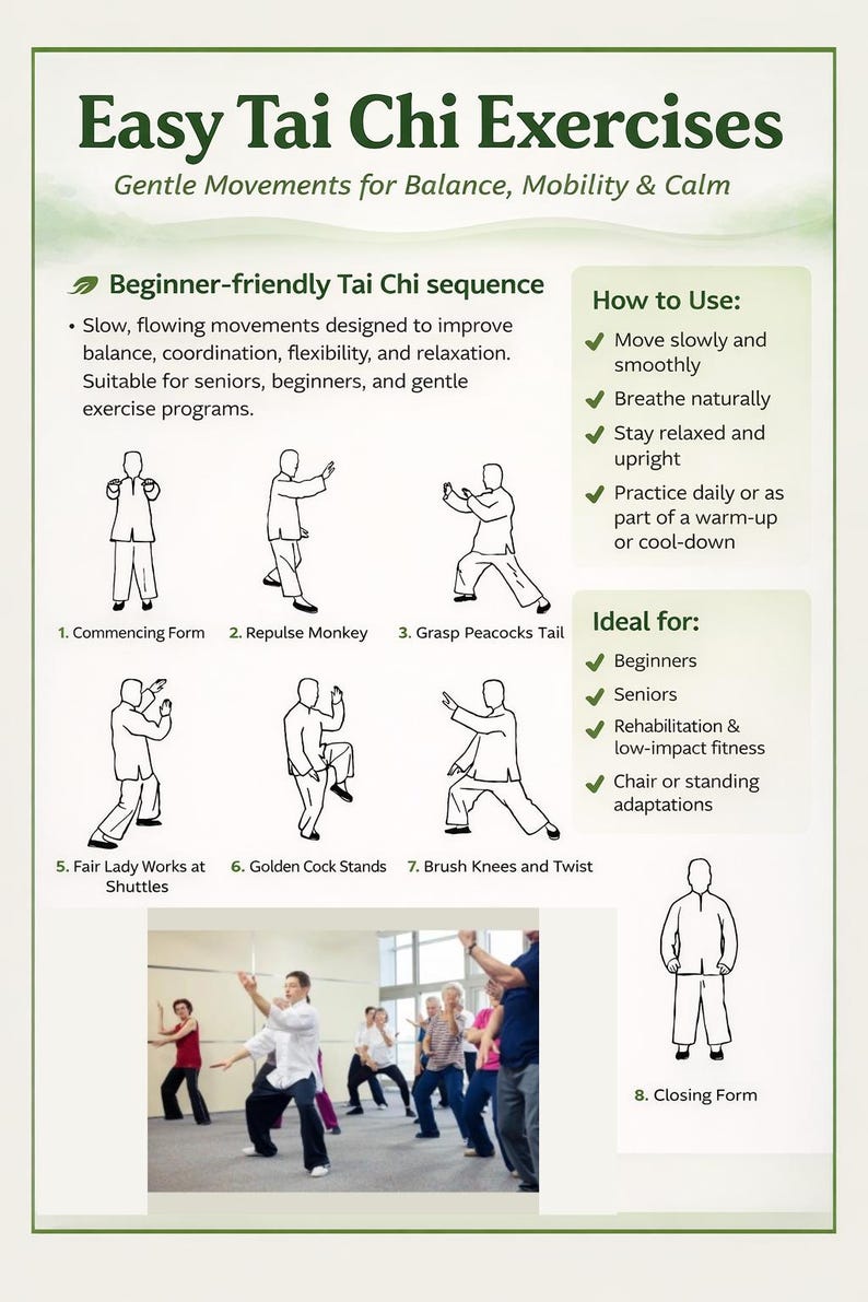 Póster de ejercicios fáciles de Tai Chi para personas mayores, con caminatas, terapia de arte marcial chino, tabla de ejercicios de autodesafío de 30 días para el hogar, PDF imagen 2