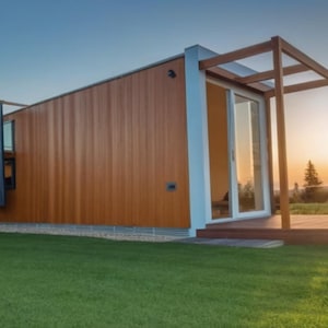 May include: A modern, wooden-sided house with a large glass door and a wooden pergola. The house is set against a backdrop of a grassy lawn and a sunset sky.