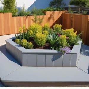May include: A hexagonal planter with a gray concrete base and wooden sides. The planter is filled with a variety of plants, including succulents, ferns, and flowering plants.