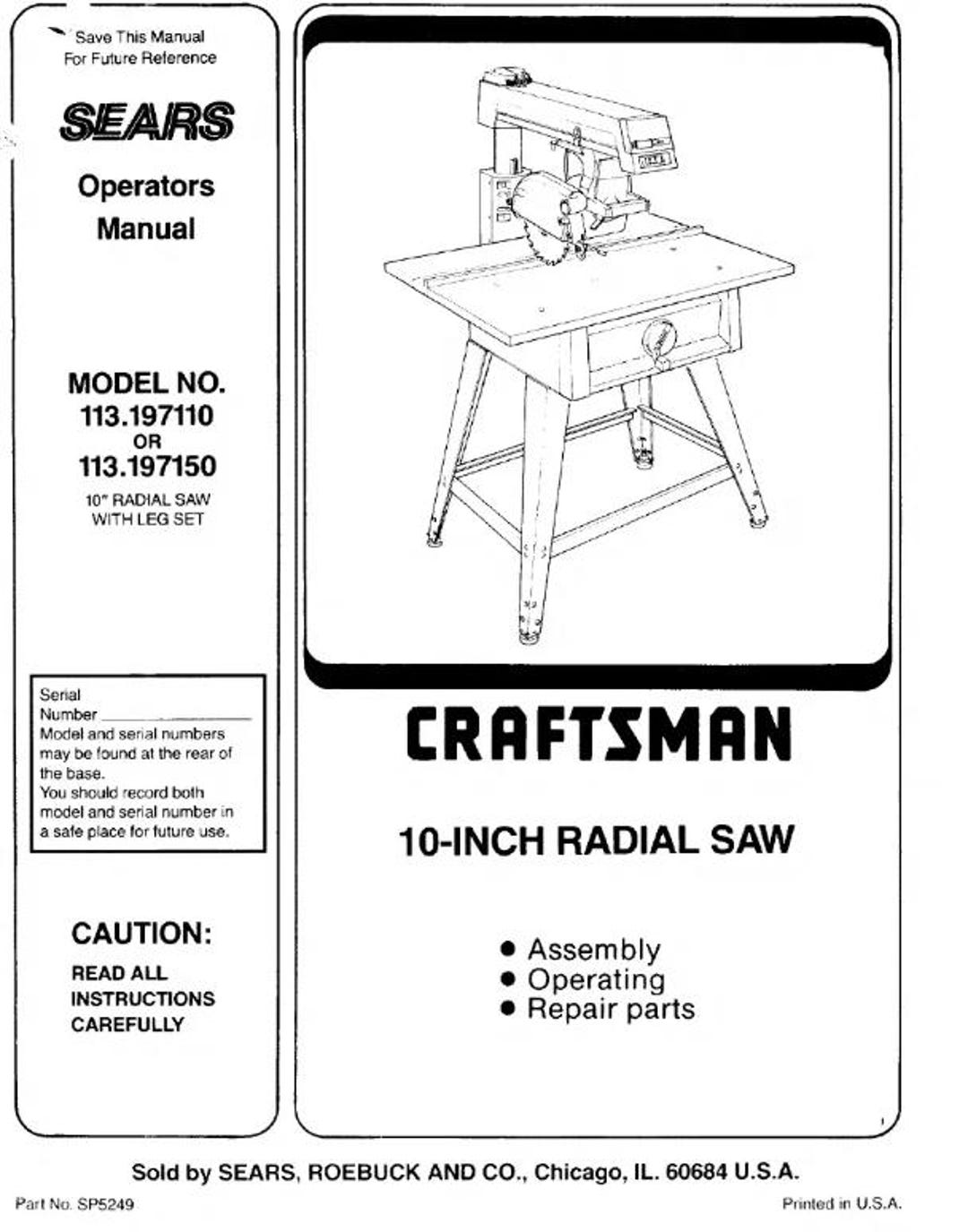 Sears Craftsman 10" Radial Arm Saw 113.197110 113.197150 Owners Manual