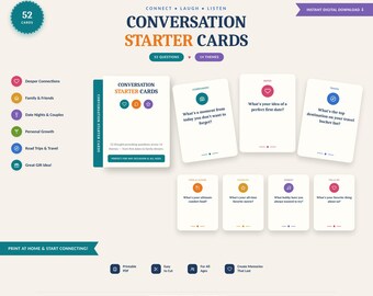 52 Conversation Starter Cards Printable Date Night Questions Icebreaker Game Family Game Night Couple Conversation Deck PDF Digital Download