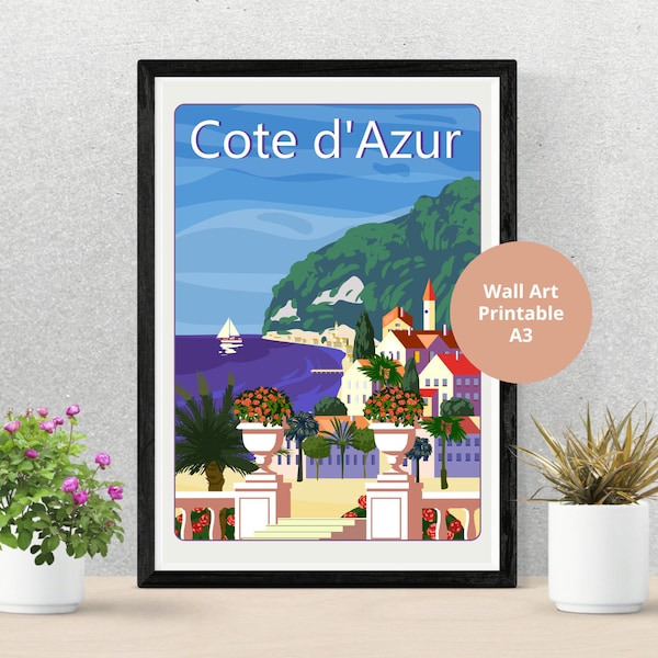 Cote de l'azur French Riviera Coast Poster Vintage Scuba Diving Decor Printable Instant Download