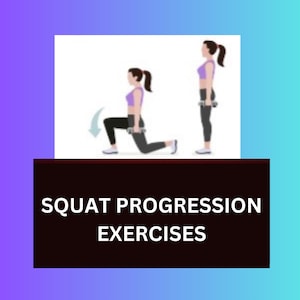 May include: An illustration showing two stages of a squat exercise. The first stage depicts a person in a lunge position, holding dumbbells. The second stage shows the person standing upright, also holding dumbbells. The text "SQUAT PROGRESSION EXERCISES" is at the bottom.