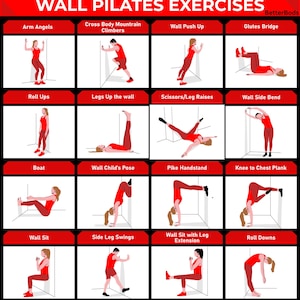 16 Wall Pilates Yoga Exercises Stretches Music Workout Challenge Stretch Flashcards Printable Home Workout Physical Therapy Fitness PDF