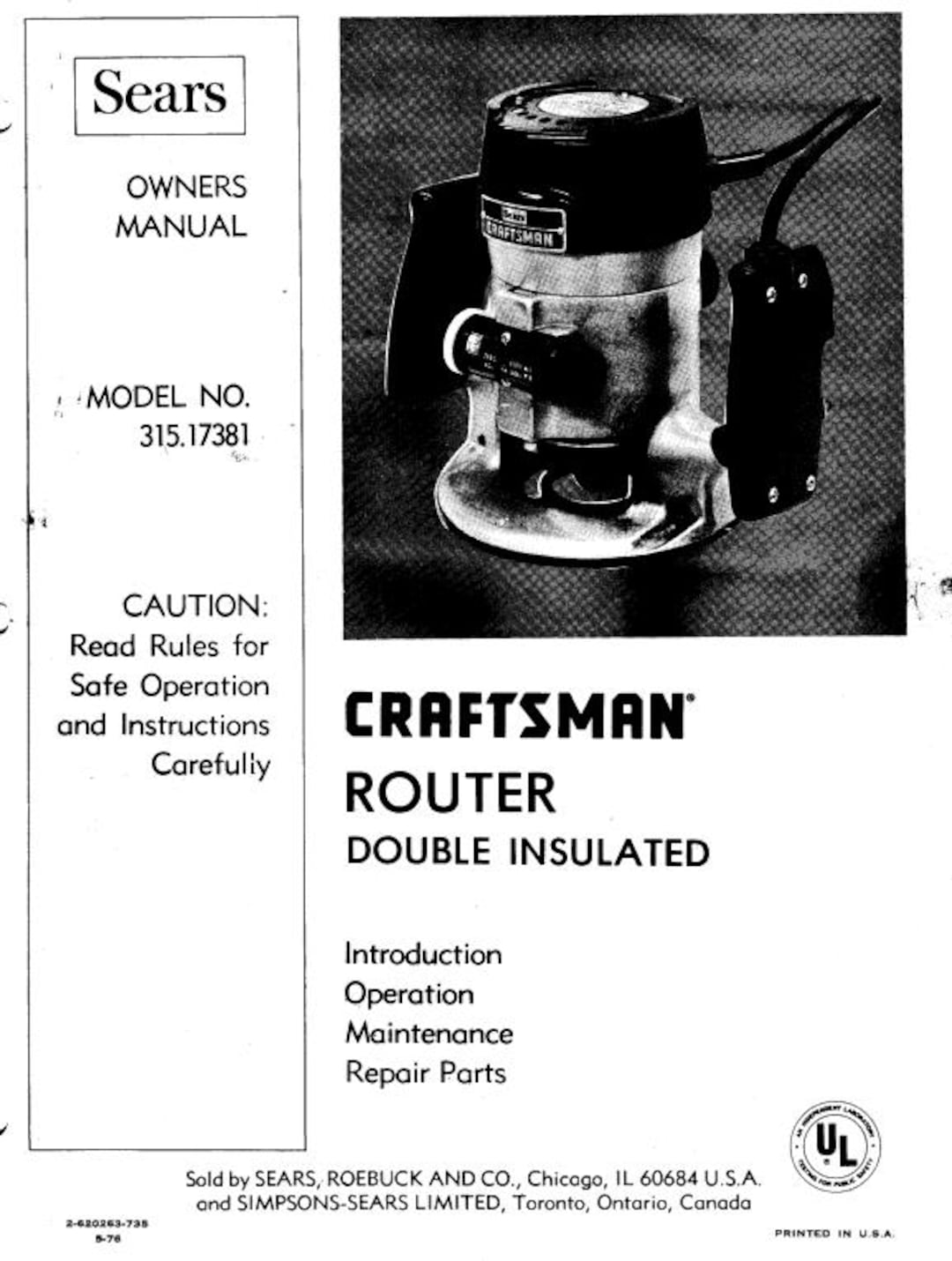 Sears Craftsman Router 31517380 31517381 Owner Manuals Parts List PDF ...