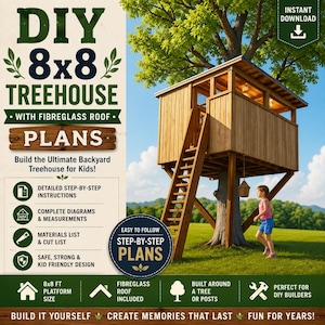 Puede incluir: Un documento digital para planos de casa del árbol 8x8 con techo de fibra de vidrio. El texto incluye DIY 8x8 TREEHOUSE WITH FIBREGLASS ROOF PLANS, instrucciones detalladas paso a paso, diagramas completos, medidas, lista de materiales y corte.