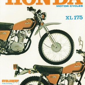 May include: An orange and black Honda XL175 motorcycle is featured in this image. The text "SERVICING HONDA MOTOR CYCLES" is displayed at the top. The motorcycle has a black seat, a silver front fender, and black tires. The text "XL175" is visible on the side of the motorcycle.