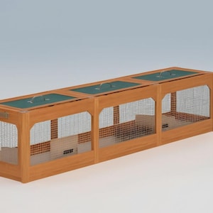 Könnte beinhalten: Ein hölzerner Mehrkammer-Tiertransporter mit grünen Deckeln und Drahtgittern. Der Transporter hat drei Abteile und ist ideal für den Transport von Kleintieren.
