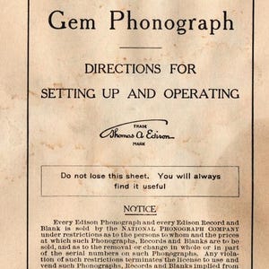 Edison Gem B PDF-Handbuch für Phonograph Tragbare Grammophon Bedienungsanleitung Vintage Radio Instant Download