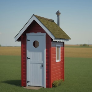 Könnte beinhalten: Ein kleines rotes Holzklo mit einer weißen Tür und einem grünen Moosdach. Das Klo hat ein kleines Fenster und einen Schornstein.