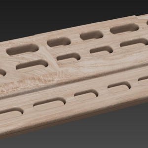 May include: A light-colored wooden climbing hold training board with various sized finger holds. The board is rectangular with a stepped design and multiple oval and rectangular cutouts for grip training.