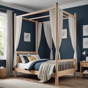 May include: A wooden four-poster bed frame with white curtains and a navy blue duvet and throw blanket. The bed is in a room with blue walls and a wooden nightstand.