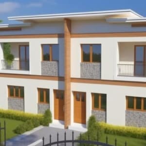 Puede incluir: Una casa blanca de dos pisos con molduras marrones y un techo plano. La casa tiene varias ventanas y un balcón en el segundo piso. La casa está rodeada de césped verde y árboles.