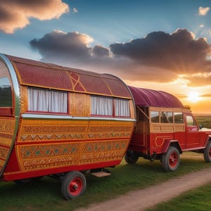 May include: A red and gold decorated wagon with a red canvas top is being towed by a red truck with a wooden bed. The wagon has ornate carvings and a large window. The truck has a wooden bed and a canvas top. The scene is set against a sunset sky with clouds.