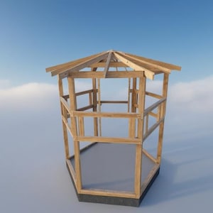 Puede incluir: Un marco de gazebo de madera en construcción. El marco está hecho de madera sin terminar y tiene una forma hexagonal. El gazebo no tiene techo ni paredes.