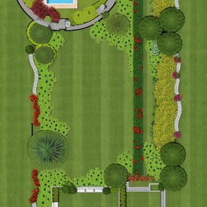 Può includere: Una vista dall'alto di un progetto di giardino con una piscina, un patio e una casa con un prato verde. Il progetto include una varietà di piante e alberi, tra cui un'area circolare con un patio e una piscina.
