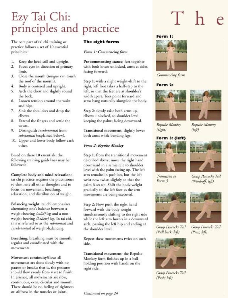 Puede incluir: Una p&aacute;gina de un libro que detalla los principios y la pr&aacute;ctica del Ezy Tai Chi. El texto describe la parte central del entrenamiento de tai chi, incluyendo 10 principios esenciales y ocho formas con ilustraciones de movimientos.