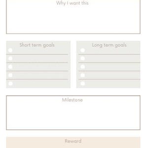 May include: A beige fitness planner with the text "FITNESS GOALS" at the top. The planner includes sections for "Why I want this," "Short term goals," "Long term goals," "Milestone," and "Reward."