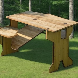 Op de afbeelding: Een houten bureau met een natuurlijke afwerking en een uniek ontwerp. Het bureau heeft een groot bovenblad en een kleiner plankje eronder. Het bureau is gemaakt van multiplex en heeft een rustieke uitstraling.