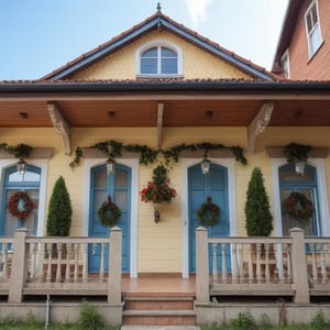 Pode incluir: Uma charmosa casa amarela com portas azuis e uma varanda de madeira. Decorada com grinaldas e vegetação, criando um ambiente festivo. O telhado é castanho e o céu azul.
