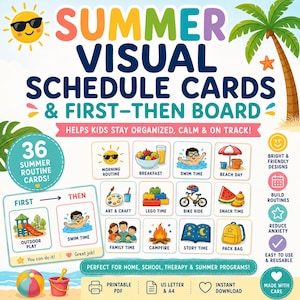 以下が含まれることがあります： 夏の視覚的スケジュールカードと「最初・次」ボード。朝食、水泳、工作などの活動を描いたカラフルなイラスト付きのルーチンカード36枚セット。太陽、ヤシの木、日課のテキストラベルがデザインに含まれています。
