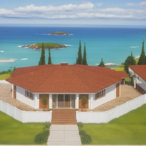 May include: A white, two-storey house with a red roof sits on a grassy hill overlooking a blue ocean. The house has a white picket fence and a white porch. There are palm trees in the foreground and a small island in the distance.