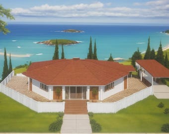 May include: A white, two-story house with a red roof sits on a grassy hill overlooking a blue ocean. The house has a white picket fence and a white porch. There are palm trees in the foreground and a small island in the distance.