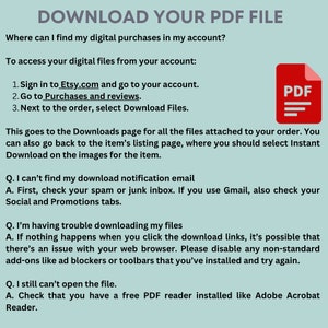 Puede incluir: Un gr&aacute;fico azul y blanco con el texto "DOWNLOAD YOUR PDF FILE" e instrucciones sobre c&oacute;mo descargar compras digitales de Etsy.com. El gr&aacute;fico tambi&eacute;n incluye un icono rojo con el texto "PDF" y una serie de l&iacute;neas.