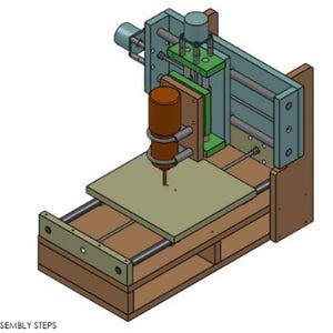 Puede incluir: Una máquina CNC de madera con un husillo marrón y un panel de control verde y azul. La máquina tiene una superficie de trabajo rectangular y un marco de metal.