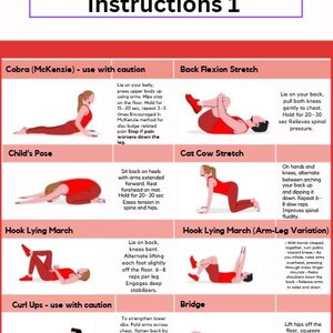 May include: Illustrated guide with instructions for sciatica relief exercises. Includes diagrams of various stretches and poses, such as Cobra, Child's Pose, and Bridge, with text descriptions and durations.