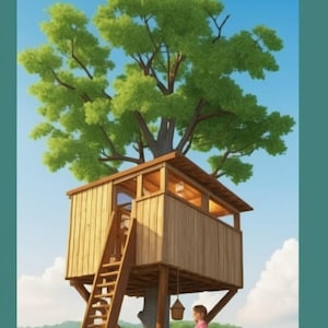 May include: A wooden treehouse with a ladder and a small girl standing nearby. The treehouse has a roof and windows. The treehouse is built into a large tree with green leaves.