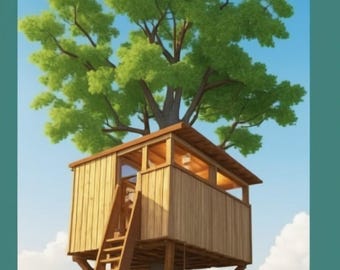 May include: A wooden treehouse with a ladder and a young girl standing nearby. The treehouse has a roof and windows. The treehouse is built into a large tree with green leaves.