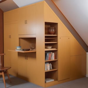 May include: A built-in wooden cabinet with a fold-down table, shelves, and storage doors. The cabinet is made of light wood and has a modern design.