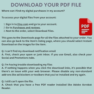 May include: A teal-colored graphic with the text "DOWNLOAD YOUR PDF FILE" and instructions on how to download digital purchases from Etsy. A red PDF icon is in the upper right corner. The image provides troubleshooting tips.