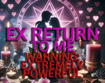 Può includere: Un'immagine rosa e viola con una coppia che si abbraccia davanti a un pentagramma con le parole "EX RETURN TO ME WARNING: EXTREMELY POWERFUL" in rosso.