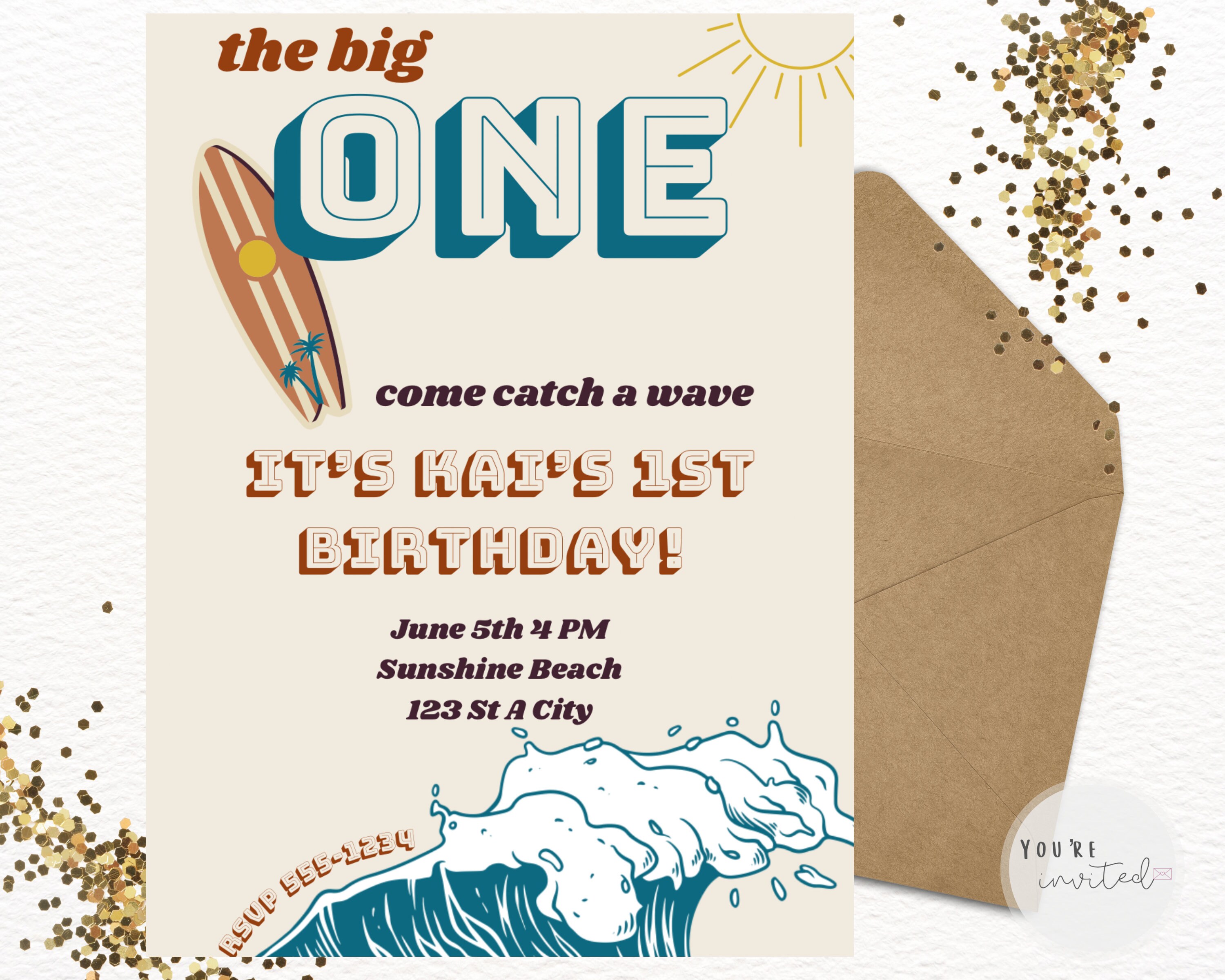 The Big ONE Surf Invitation First Birthday Surf Theme Party Invite Instant Download Customizable Canva Template