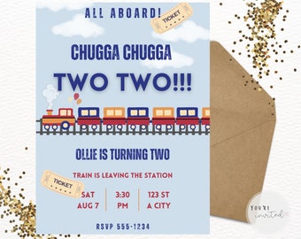 Chugga Chugga TWO TWO Party Invitation Second Birthday Train Theme Party Invite Instant Download Customizable Canva Template