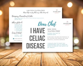 May include: Two white cards with text on a wooden table. The larger card reads "Dear Chef, I have Celiac Disease" with additional text about gluten-free dining. The smaller card says "Gluten Free with Carol".